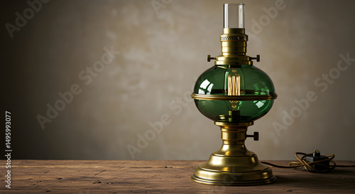 Vintage Emerald Glass Table Lamp With Elegant Brass Detailing