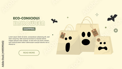 Eco-Conscious Halloween Shopping Web Banner Design. ghost shopping bags with sustainable tags, promoting environmentally friendly Halloween shopping options. Sustainable halloween. Vector illustration
