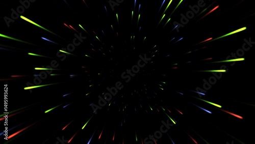 Moving looping animation of multicolor light streaks flying through black space creating a tunnel effect with continuous motion, Concept of motion space travel, digital illusion animation loop footage
