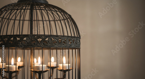 Antique Decorative Iron Birdcage With Burning Candles For Interior Design