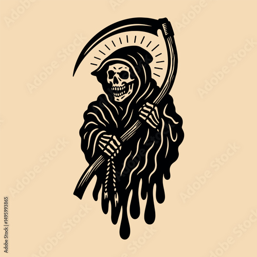 Grim reaper with scythe linocut vector illustration