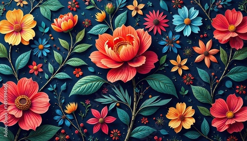 Intricate floral textile design, repeating motif, pattern, summer, seamless background