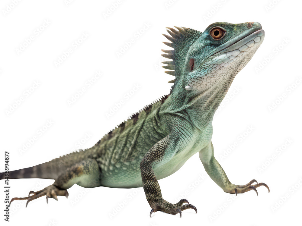 Fototapeta premium A green basilisk lizard up isolated on transparent background
