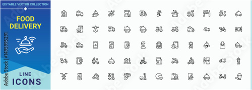 Food Delivery icon set. Meal Delivery icon set. Set of line pictogram. Contain linear symbols delivery, courier, order and more. Pixel perfect. Vector illustration.