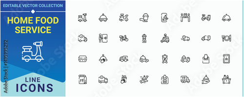 Home Food Service icon set in linear style. Contain linear symbols delivery, fast, order, courier and more. Food Delivery icon collection. Editable stroke. Pixel Perfect.
