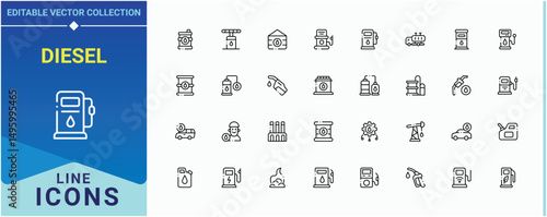 Diesel icon set in linear style. Contains outline symbols like pump, engine, fuel, petrol, gas and more. Fuel icon pack. Minimalist icons pack. Vector illustration.