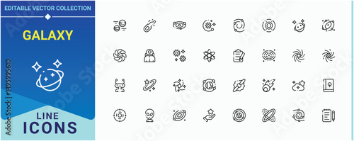 Galaxy icon collection. Contain linear symbols moon, star, meteor, ship, science and more. Galaxies related icon set. Minimalist linear icons. Editable vector. Pixel perfect.