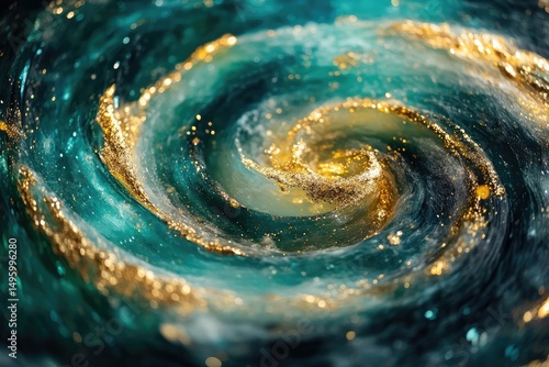 A mesmerizing swirl of teal and gold glitter, creating a cosmic, ethereal, and luxurious abstract art piece.