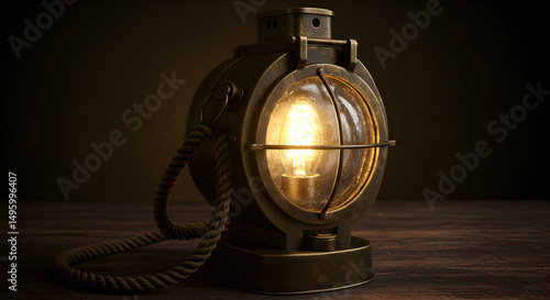 Vintage Marine Lamp Casting A Warm Glow On Weathered Wooden Surface