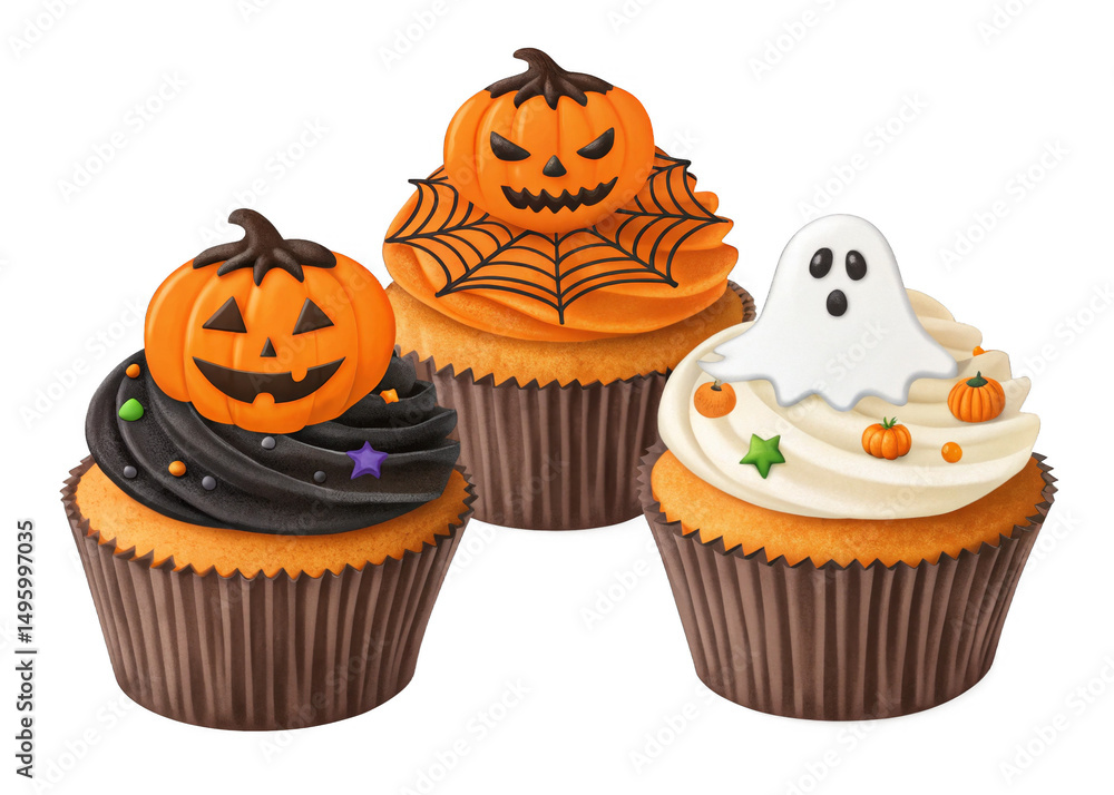 Halloween-themed cupcakes with spooky toppings, pumpkin and ghost decor isolated on a transparent background. Halloween-themed cupcakes with spooky toppings, pumpkin and ghost decor isolated on a transparent background.