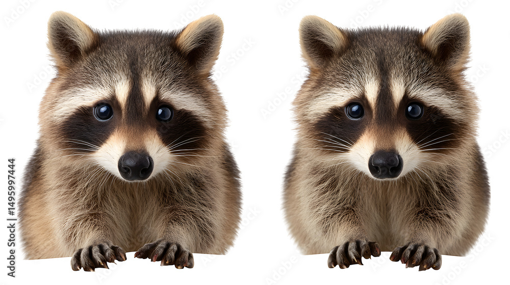 Obraz premium Raccoon, curious front view and side view with hands forward, isolated on white background