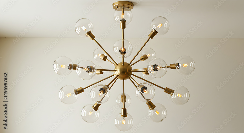 Obraz premium Elegant Gold Sputnik Chandelier With Clear Glass Bulbs Modern Style Lighting