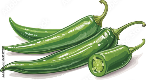 Fresh Green Chili Peppers on White Background Vector Illustration