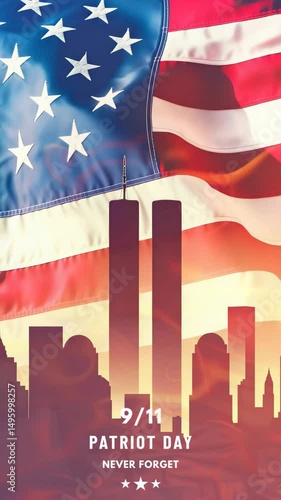 Silhouette of NYC skyline and Twin Towers on flag for Patriot Day