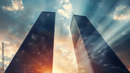 Sunset behind twin towers with dramatic sky