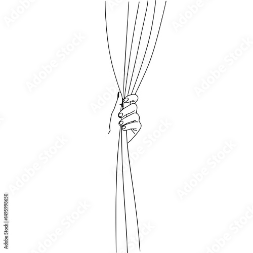 Hand holding curtain strings in a minimalist line art style
