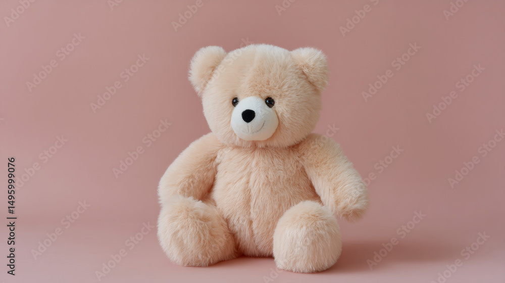 Obraz premium Cute pink teddy bear on pastel background. Soft plush toy for child. Stuffed animal for baby shower gift or nursery decor. Cuddly companion for girl's bedroom.
