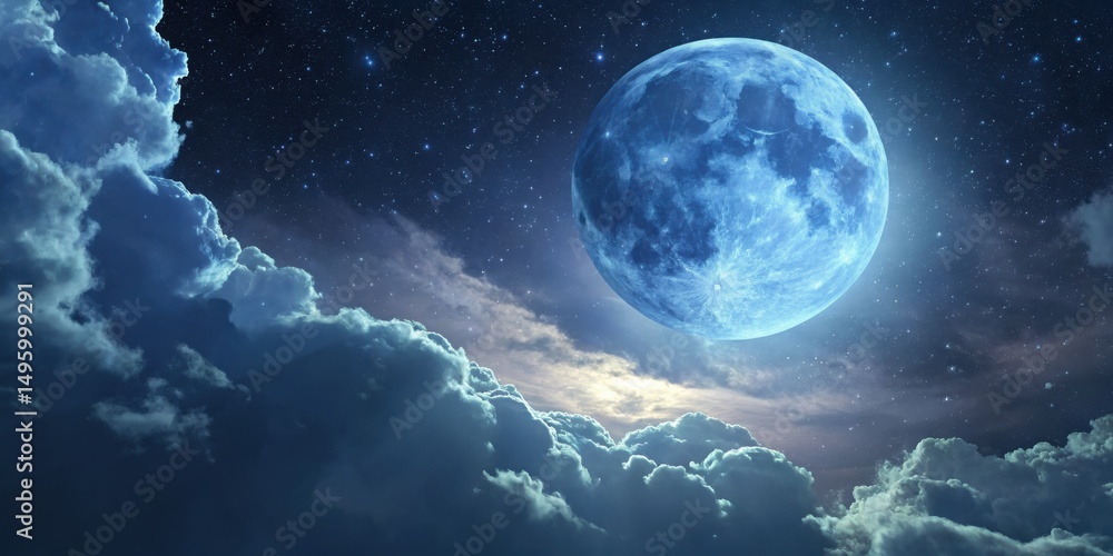 Obraz premium A glowing moon shines brightly above fluffy clouds in a starry night sky view