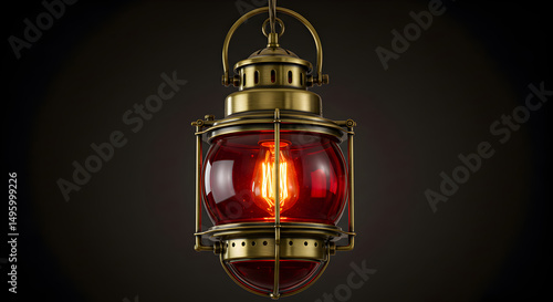 Vintage Red Lantern With Glowing Bulb, Antique Style Lighting Fixture