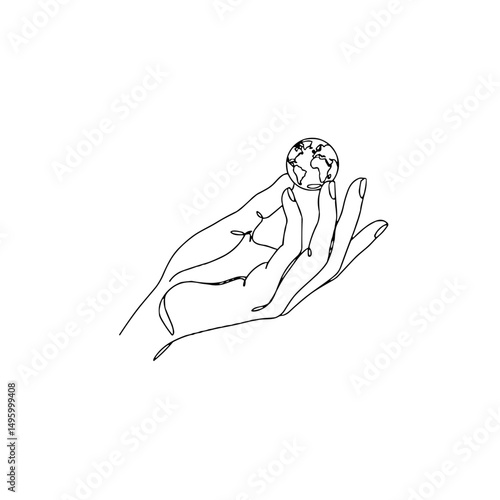 Hand holding a miniature globe with care and concern on a simple white background