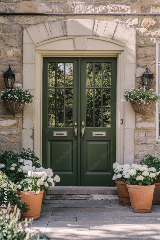 Naklejka premium Charming green front door framed by stone walls and blooming flower pots in a serene garden setting during daylight hours