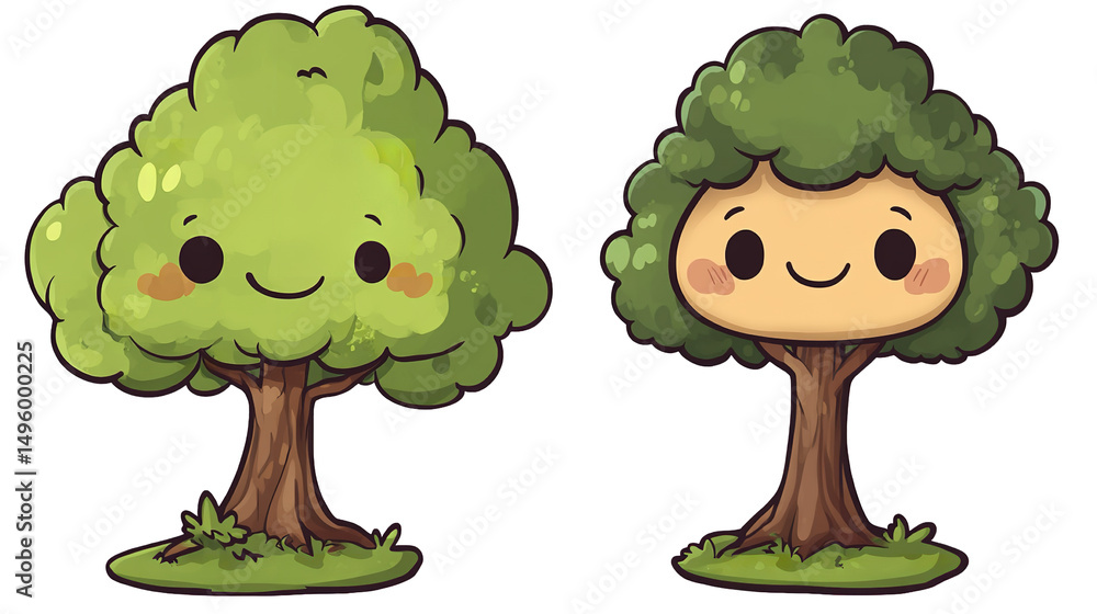 Fototapeta premium Two cheerful cartoon trees embodying growth and positivity radiating joy in a vibrant forest on transparent background