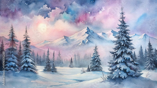 Wallpaper Mural Winter Wonderland in Watercolor: A serene winter landscape unfolds, where snow-laden fir trees stand tall against the backdrop of majestic snow-capped mountains, all captured in the soft. Torontodigital.ca