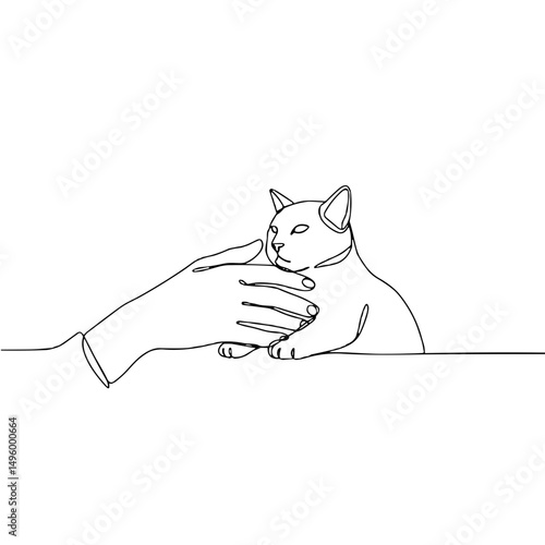 Hand gently petting a cat in minimal line art style