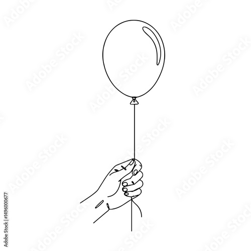 Hand holding a shiny balloon in a minimalist line art style