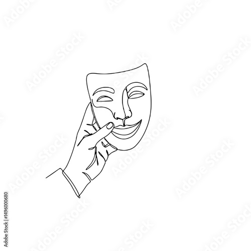 Line art of a hand touching a theatrical mask in a minimalist style