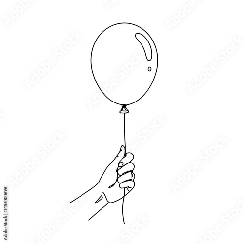 Hand holding a balloon on a simple white background with a cheerful mood