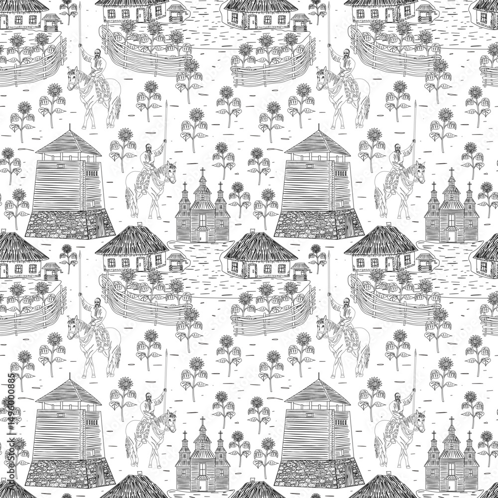 Fototapeta premium Ukraine, Cossack settlement of the city of Zaporozhye, Khortytsia, white and black colors, line art. Seamless floral pattern-727.