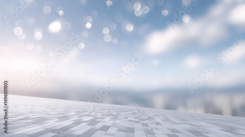 Serene winter landscape with snowy ground and blurred bokeh lights in sky. Calm frosty scene. Dreamy white Christmas background for greeting card or seasonal design