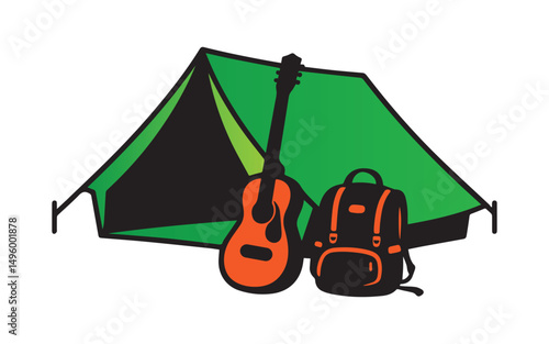 Tourist tent with camping equipment and toy construction vehicles on white background