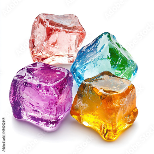 ice, ice cubes, colorful ice cubes, vibrant ice on white background
