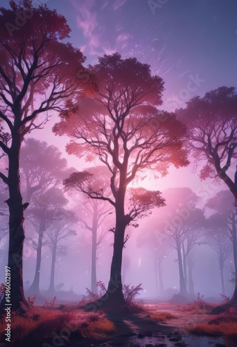 Holographic trees, ethereal mist, alien world, vibrant glow, illustration, otherworldly