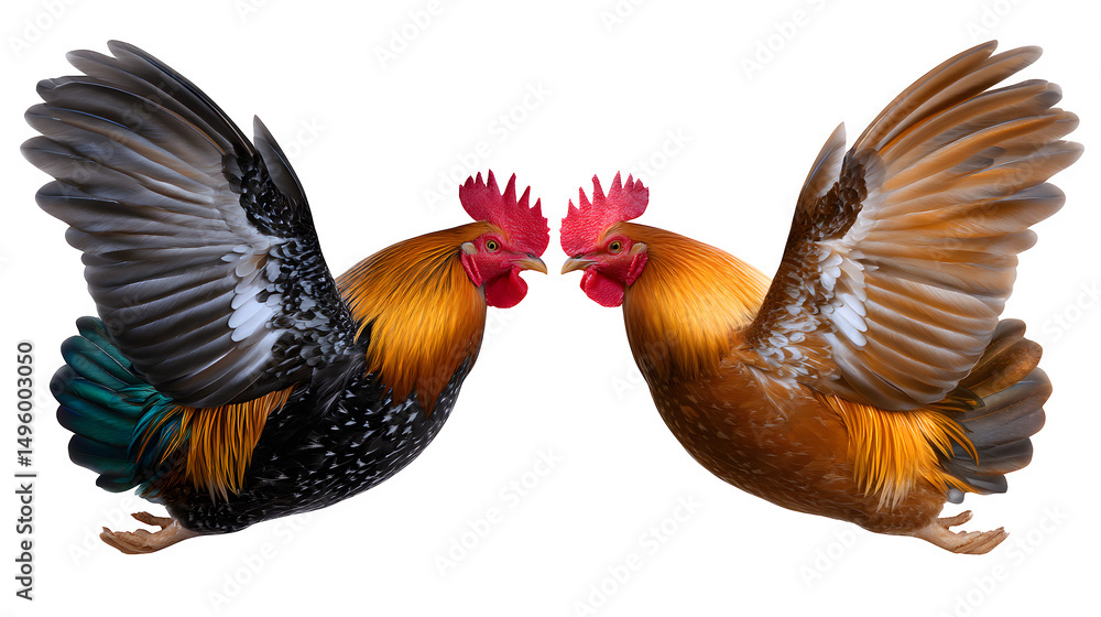 Obraz premium Two roosters in a dramatic mid-jump fight, feathers flying, isolated on transparent background