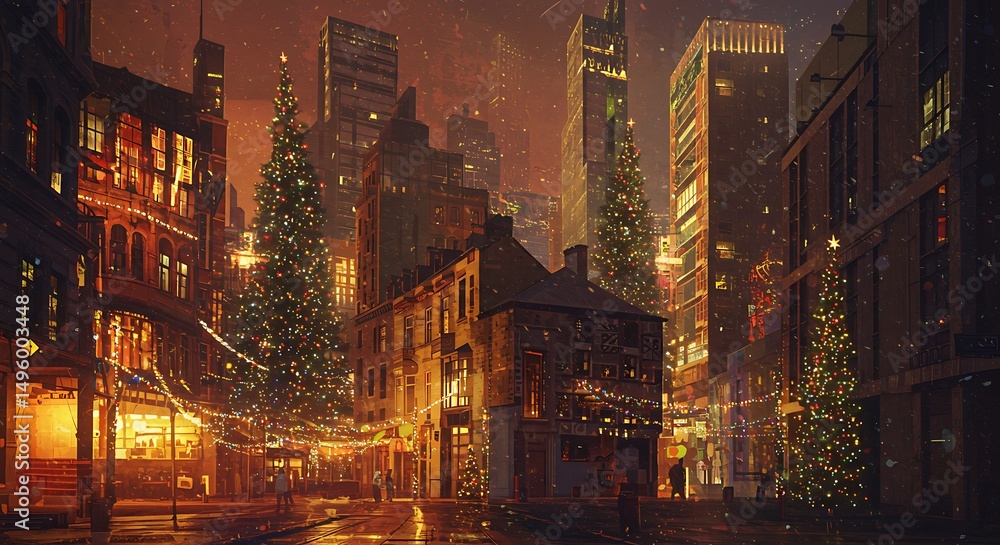 Obraz premium Winter Cityscape at Night with Snow and Holiday Lights