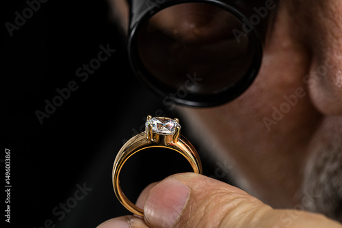 Jewelry appraiser examines a gold ring evaluating large diamond looking through magnifying glass monocular. Professional goldsmith manufacturing or repair luxury wedding engagement ring