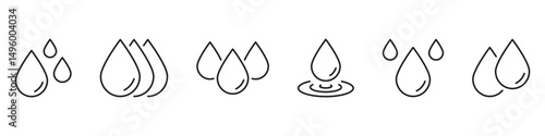 Water Droplets Line Icon Set. Hydration, Purity, And Liquid Symbol Collection. Environmental And Fluid Dynamics Representation. Editable Stroke. Isolated Vector Illustration