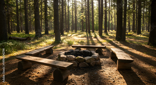 Peaceful Gathering Spot With Fire Pit And Benches In Tranquil Woodland
