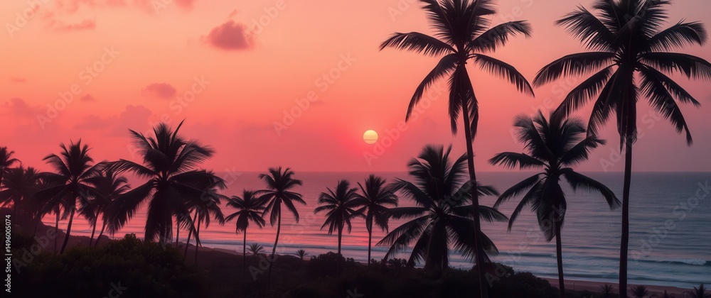 Fototapeta premium Tropical sunset with silhouetted palms against a vibrant red and orange sky over the ocean at dusk.