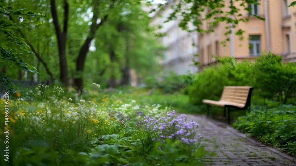 Empty bench inviting visitors to relax in peaceful green city park Empty bench inviting visitors to relax in peaceful green city park