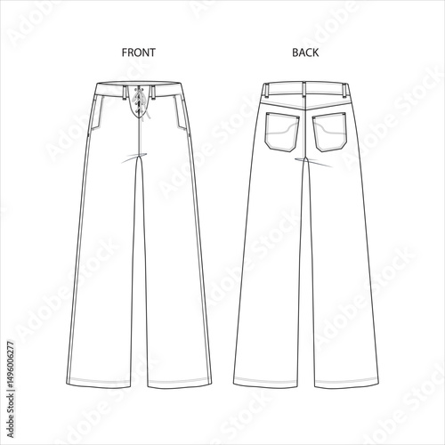 Women's Straight-Leg Jeans – Flat Sketch Template with Drawstring fastening, Five- pockets design.Silhouette, CAD, Drawing