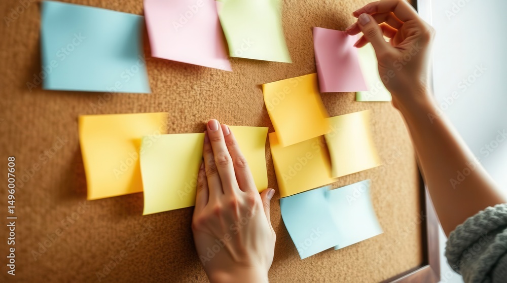 Obraz premium Notes on a corkboard with a hand adding a note, organization and planning in the workplace concept.