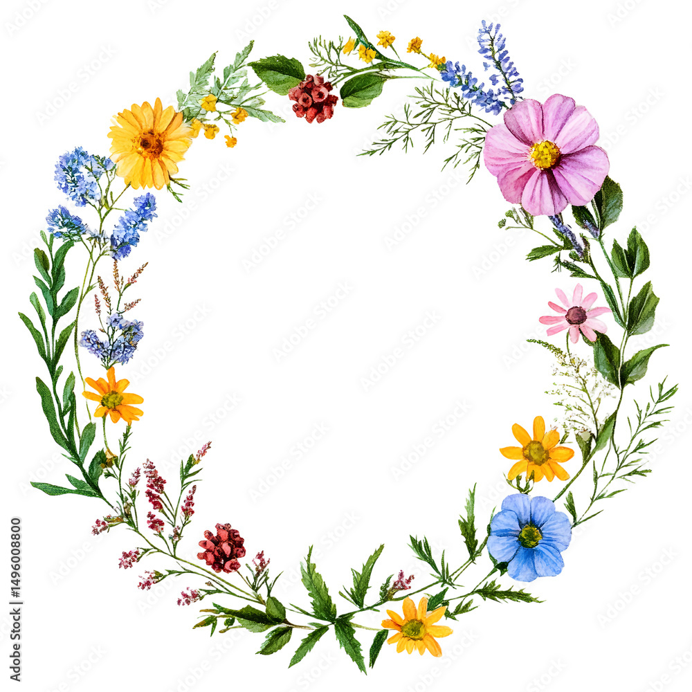 Fototapeta premium Round wildflower frame. Watercolor floral wreath made of summer colorful flowers and green leaves. PNG clipart.