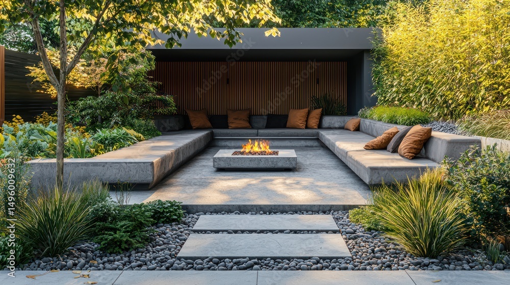 Fototapeta premium Modern garden patio fire pit relaxation