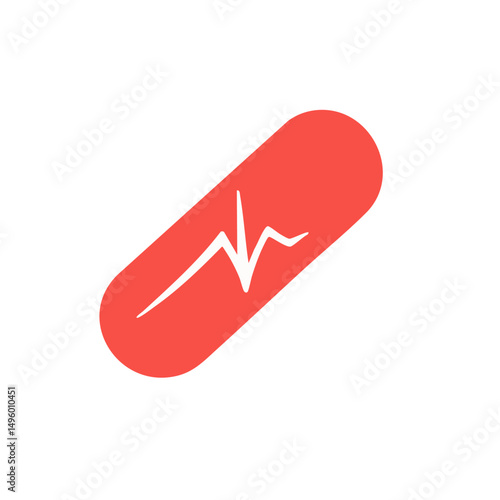 Flat minimal bold silhouette vector of medical pill with a heartbeat red silhouette with a white accent detail health wellness vector