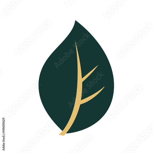 Flat minimal bold silhouette vector of holistic healing leaf dark green silhouette with a gold accent detail health wellness vector