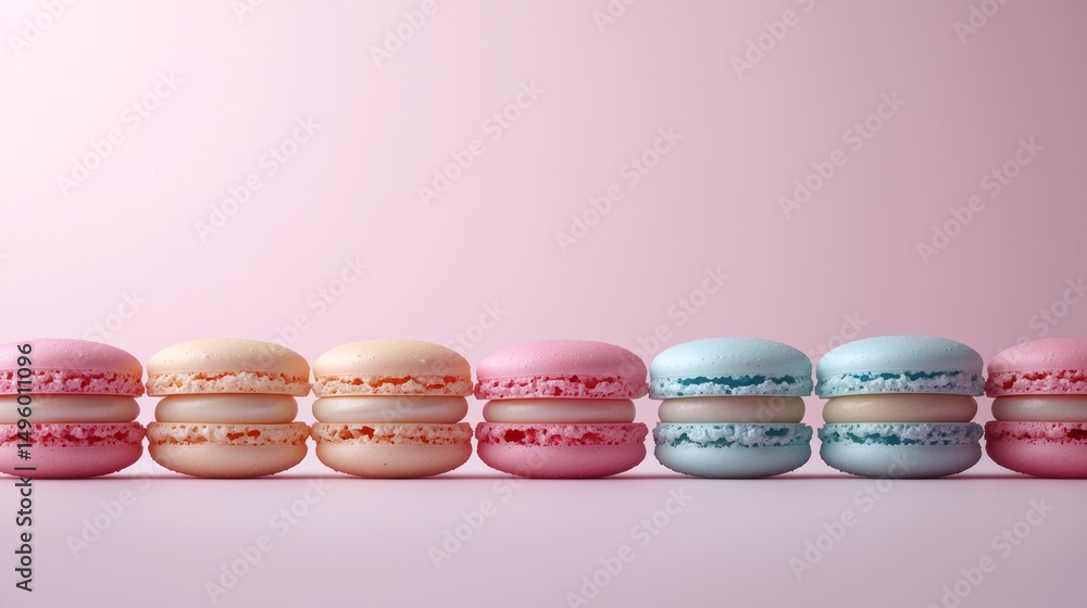 Pastel macarons line, pink background, studio shot, food blog Pastel macarons line, pink background, studio shot, food blog